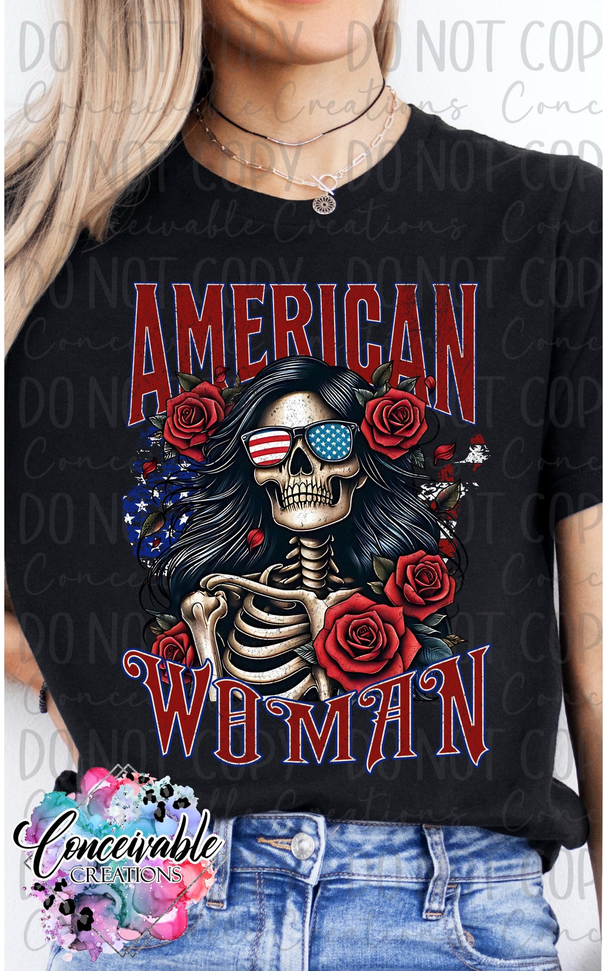 American Woman Skull Graphic Tee – Patriotic Floral Skeleton Shirt