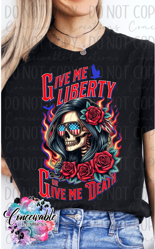 Give Me Liberty or Give Me Death Skull Tee – Patriotic Flame Graphic Shirt