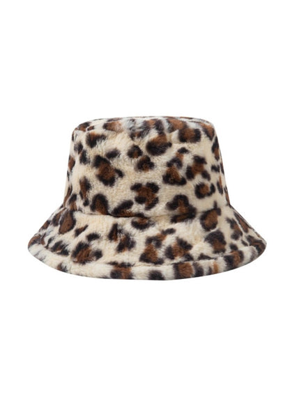 Leopard Print Faux Wool Plush Bucket Hat