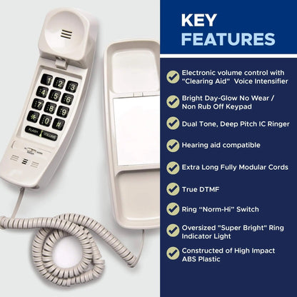 Med-Pat T1C Sleek Trimline Corded Telephone – Dove Gray | Wall-Mountable, Hearing Aid Compatible, Ring/In-Use Light