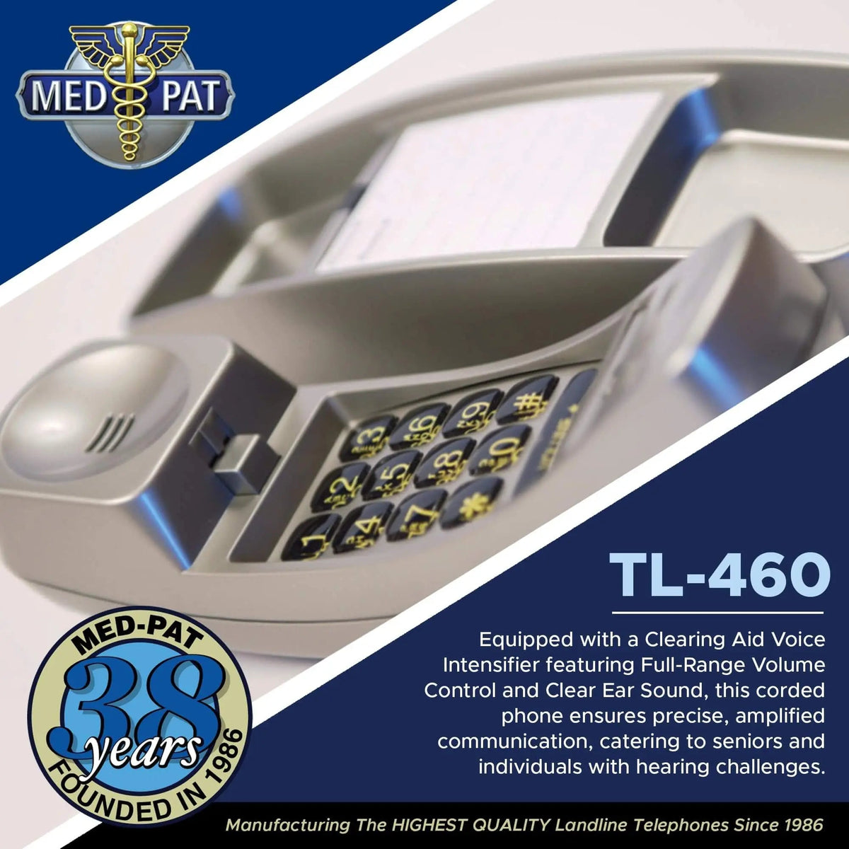 Med-Pat TL-460 Trimline Landline Phone – Wall Mount, Volume Boost, Lighted Ring for Seniors