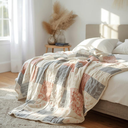 Reversible Throw Blanket 60" x 80" - Ultra Soft Floral Patchwork, All-Season Comfort