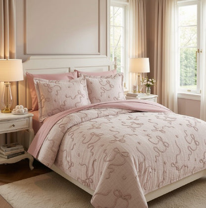 Blush Pink Comforter Set - 7 Piece Shabby Chic Bedding with 3D Bowknot Design & Soft Fabric