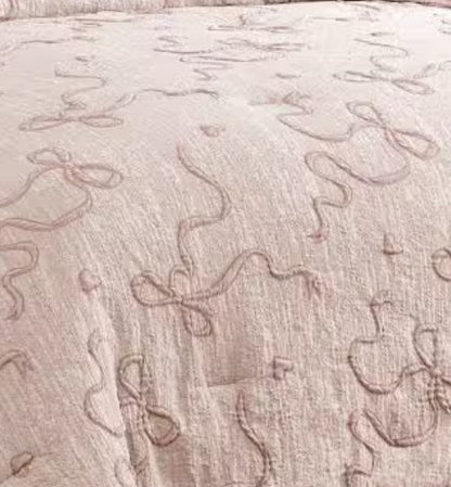 Blush Pink Comforter Set - 7 Piece Shabby Chic Bedding with 3D Bowknot Design & Soft Fabric