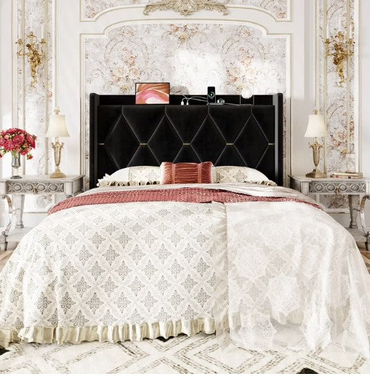Luxury Velvet Bed Frame with Built-In USB Charging, Diamond Tufted Wingback Design