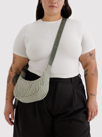 Small Nylon Crescent Bag: Sage Stripe