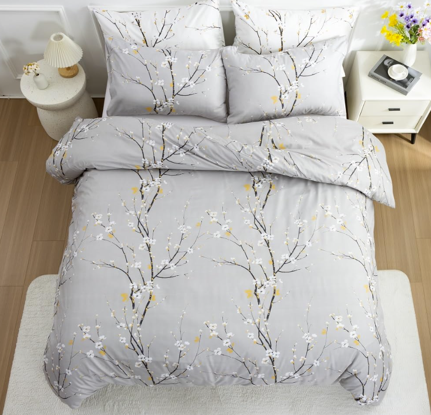 Sage Green Floral Duvet Cover Set Queen – Soft Microfiber, Modern Botanical Bedding with Yellow Accents