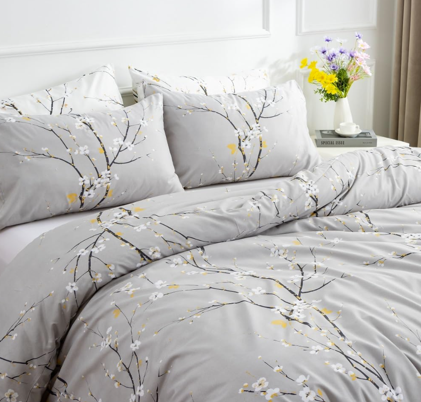 Sage Green Floral Duvet Cover Set Queen – Soft Microfiber, Modern Botanical Bedding with Yellow Accents
