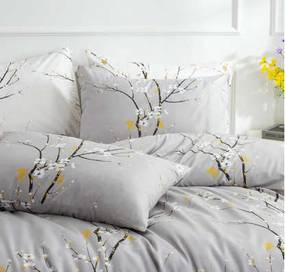 Sage Green Floral Duvet Cover Set Queen – Soft Microfiber, Modern Botanical Bedding with Yellow Accents