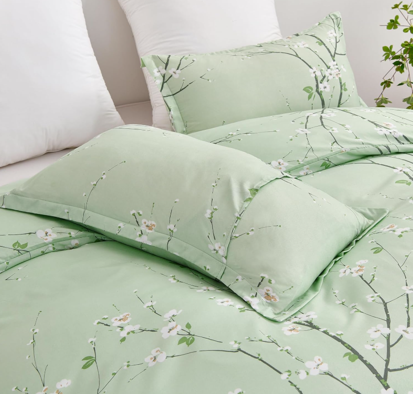 Sage Green Floral Duvet Cover Set Queen – Soft Microfiber, Modern Botanical Bedding with Yellow Accents