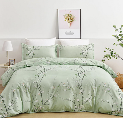 Sage Green Floral Duvet Cover Set Queen – Soft Microfiber, Modern Botanical Bedding with Yellow Accents