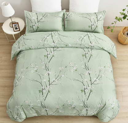 Sage Green Floral Duvet Cover Set Queen – Soft Microfiber, Modern Botanical Bedding with Yellow Accents
