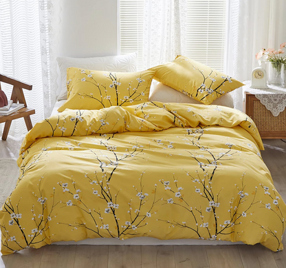 Sage Green Floral Duvet Cover Set Queen – Soft Microfiber, Modern Botanical Bedding with Yellow Accents