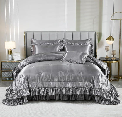Grey Satin Queen Comforter Set – 8-Piece Ruffled Bedding