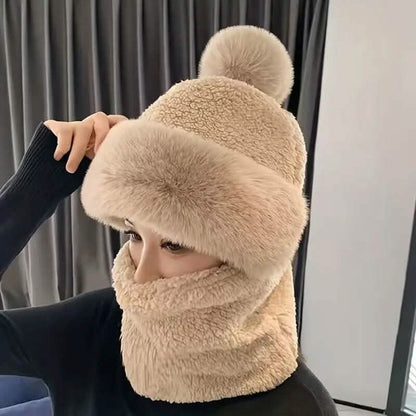 Solid Color Thickened Plush Neck Gaiter Mask Windproof Hooded Ear Protection Windproof Ski Hat