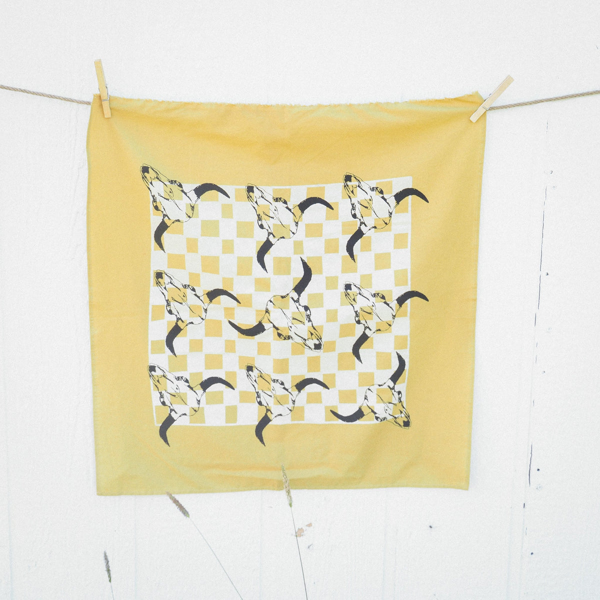 "Bison Skull" Check Bandana - Mustard