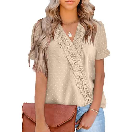 Women's Casual Lace Pom Pom V Neck Chiffon Short Sleeve Top