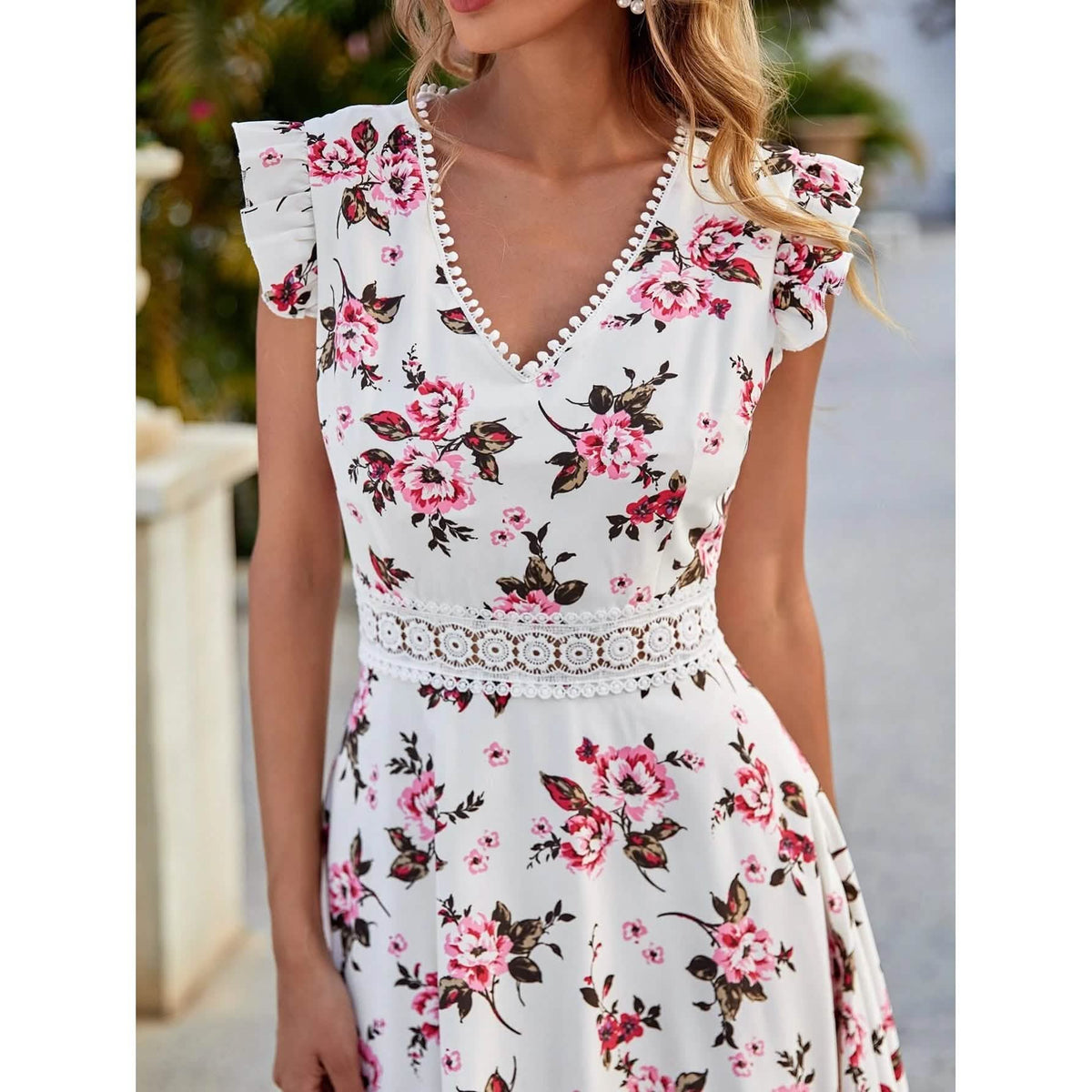 Women's Full Body Floral Print High Low Hem A-Line Dress