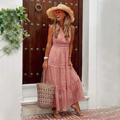Women's Sleeveless Solid Color Lace Panel Dress