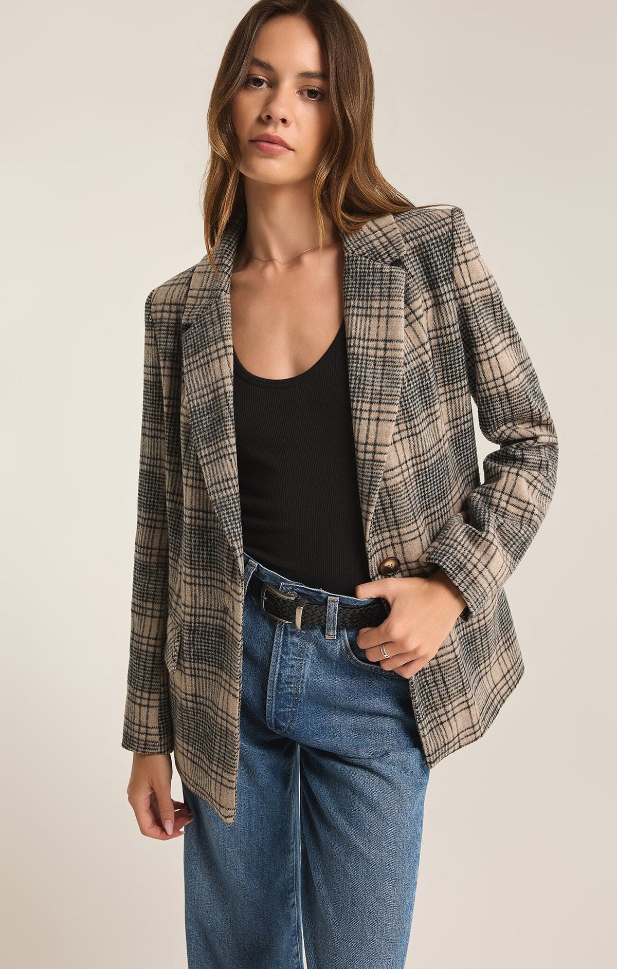 Kingston Relaxed Plaid Blazer- Earthen Grey